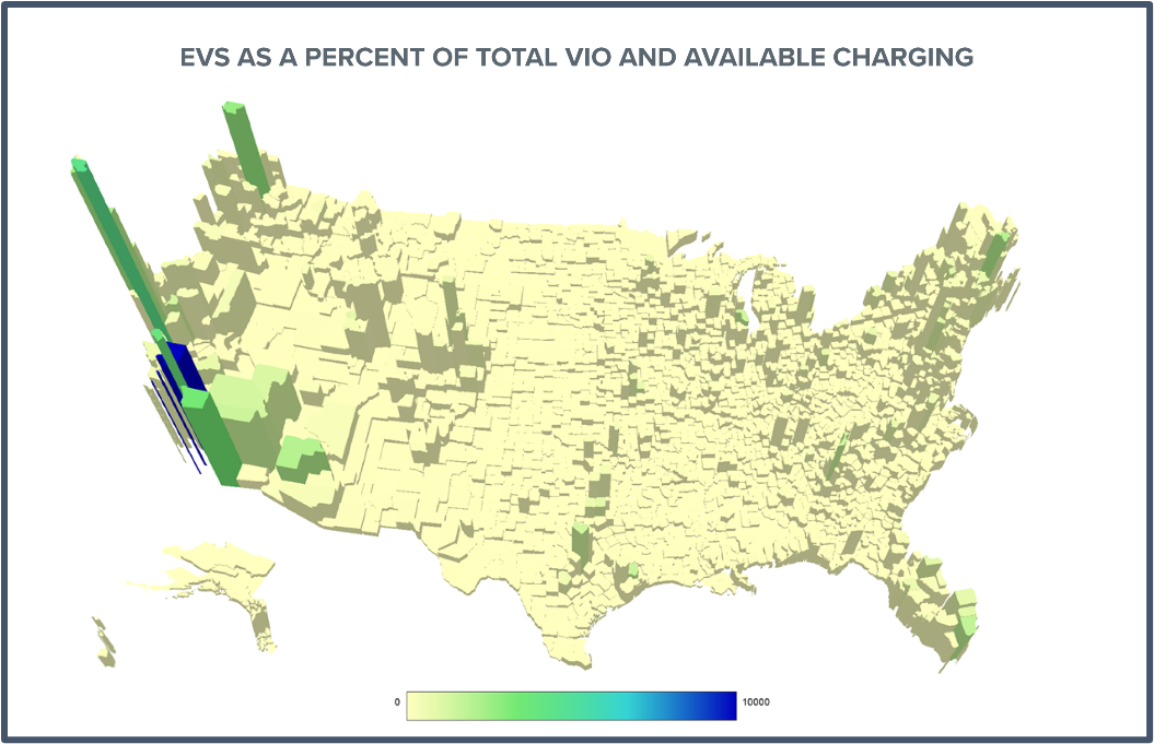 A map of the united states representing EVs as a percent of total VIO and available charging